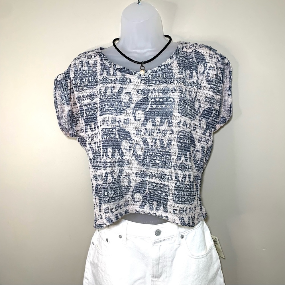Cato Knit Crop Top Small Blue Off-White Elephant Print Extended Shoulder Novelty